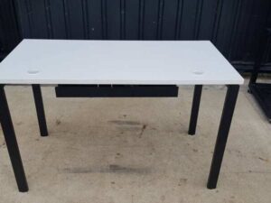 Work desk with white MDF top and black steel legs.