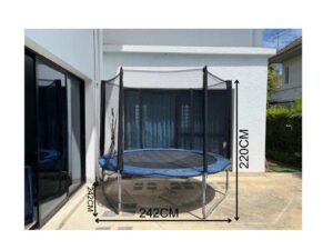 8-foot trampoline, 250 kg weight capacity, 3 legs, blue