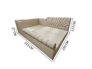 Family bed, 9.5 ft side bed, pink beige leather upholstery with diamond button tufting, Brainkiddy brand.