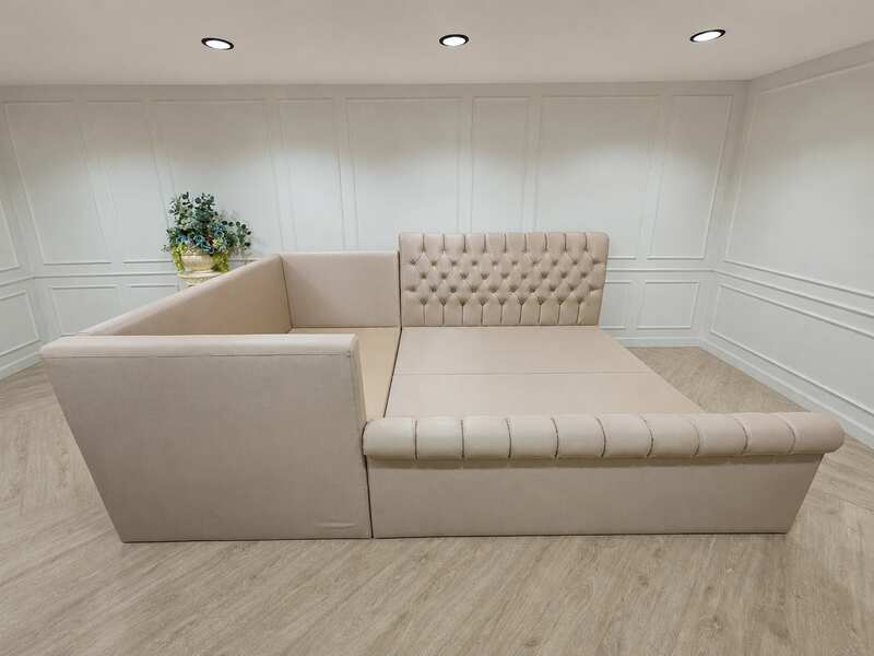 Family bed, 9.5 ft side bed, pink beige leather upholstery with diamond button tufting, Brainkiddy brand.