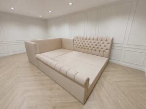 Family bed, 9.5 ft side bed, pink beige leather upholstery with diamond button tufting, Brainkiddy brand.