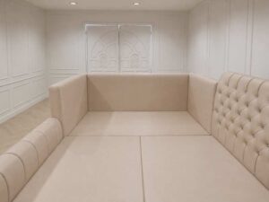 Family bed, 9.5 ft side bed, pink beige leather upholstery with diamond button tufting, Brainkiddy brand.