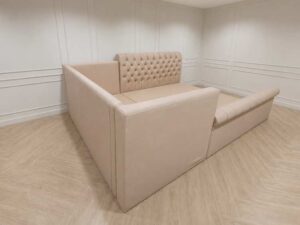 Family bed, 9.5 ft side bed, pink beige leather upholstery with diamond button tufting, Brainkiddy brand.