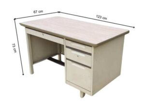 TAIYO brand cream-colored steel desk with 3 drawers and a wood top.