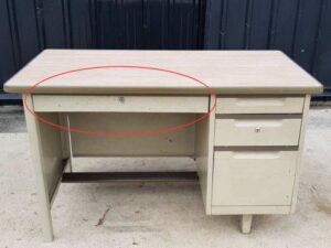 TAIYO brand cream-colored steel desk with 3 drawers and a wood top.