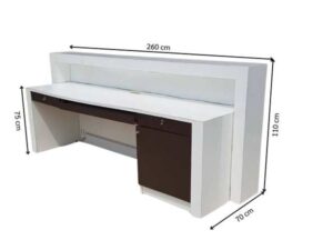 White and brown wooden counter with 3 drawers.
