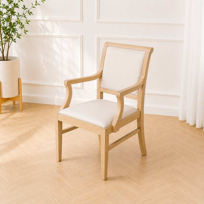 Teak frame chair with arms and light gray leather cushion._L5ATRUCEIH_WVRJK0668G