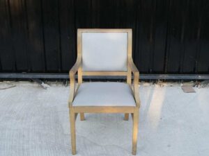Teak frame chair with arms and light gray leather cushion._L5ATRUCEIH_WVRJK0668G