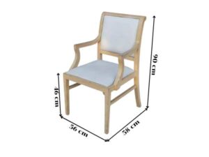 Teak frame chair with arms and light gray leather cushion._L5ATRUCEIH_WVRJK0668G