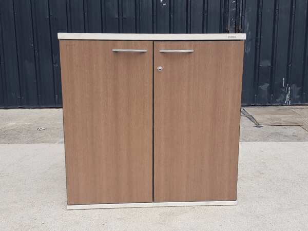 2-door wooden filing cabinet, gray color, brown top, Modernform brand
