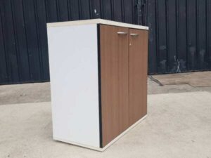 2-door wooden filing cabinet, gray color, brown top, Modernform brand
