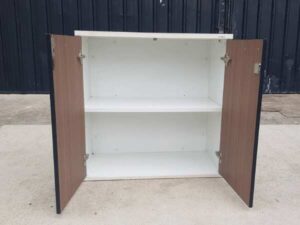 2-door wooden filing cabinet, gray color, brown top, Modernform brand