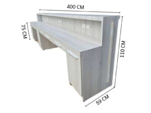 Long, rectangular wooden counter in light oak color, with drawers, storage compartments, and power outlets.