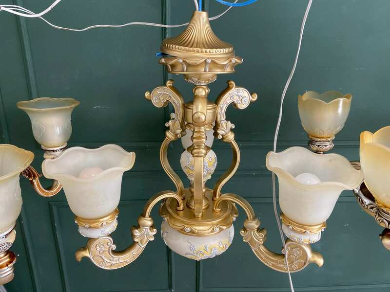 Chandelier, glass pendant lamp, white and gold.
