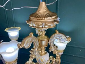 Chandelier, glass pendant lamp, white and gold.
