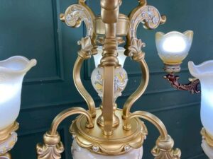 Chandelier, glass pendant lamp, white and gold.
