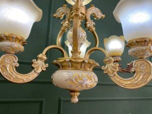 Chandelier, glass pendant lamp, white and gold.