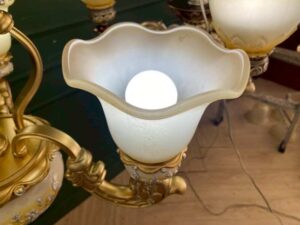 Chandelier, glass pendant lamp, white and gold.