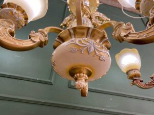 Chandelier, glass pendant lamp, white and gold.