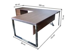 L-shaped corner desk with 3 drawers, steel legs, with rails, and power outlet.