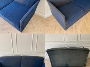 Two-seater sofa, fabric upholstery, blue color.