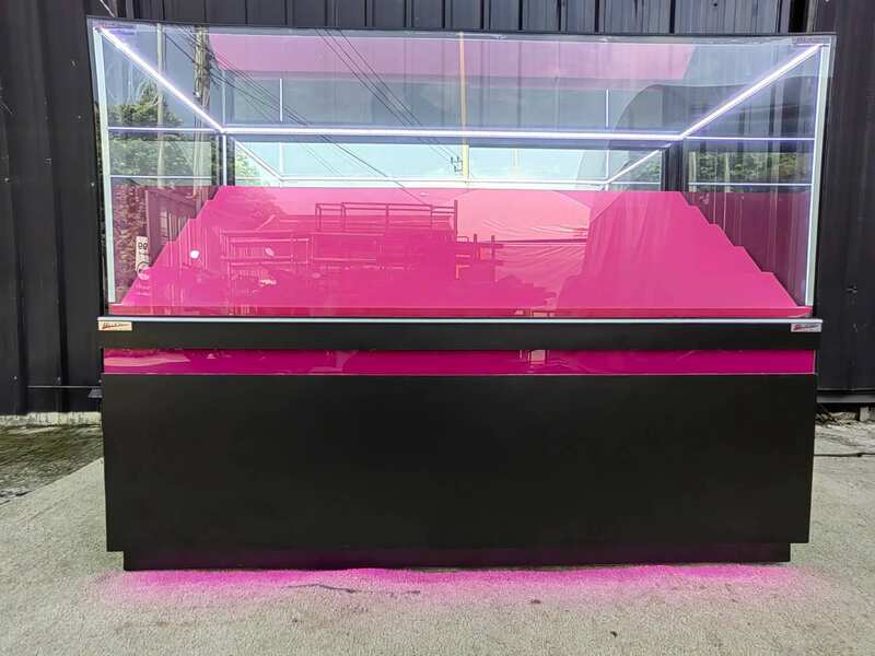 Retail Glass Display Showcase with Tiered Shelves and Pink–Black LED Lighting