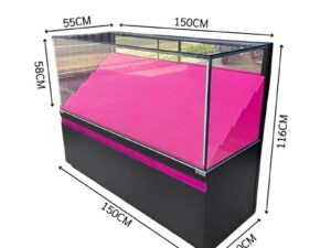 Retail Glass Display Showcase with Tiered Shelves and Pink–Black LED Lighting
