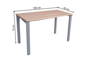 Work desk with brown wood top and gray steel legs.