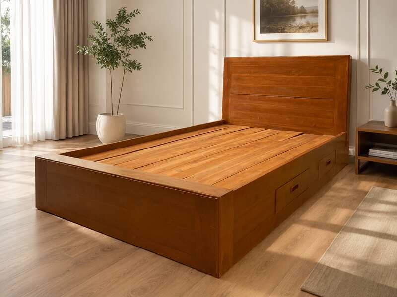 3.5 foot wooden bed, 4 drawers, 2 sliding door wooden wardrobe