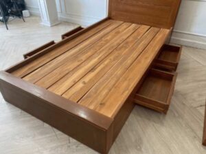 3.5 foot wooden bed, 4 drawers, 2 sliding door wooden wardrobe