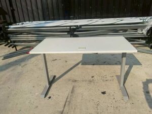Work desk, white wood top, gray steel legs, 130 cm (21)
