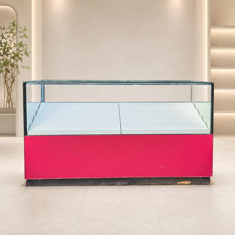 210 cm Red–Black LED Glass Display Counter with White Tiered Shelves and Rear Storage Compartments