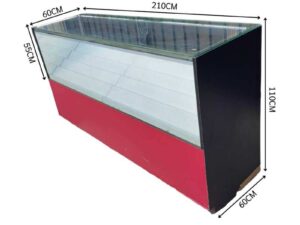 210 cm Red–Black LED Glass Display Counter with White Tiered Shelves and Rear Storage Compartments
