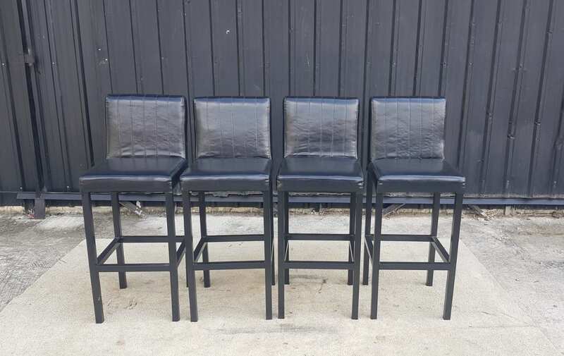 Bar stool with leather cushion and metal legs, black