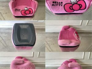 Child car booster seat with Kitty embroidery, pink color.