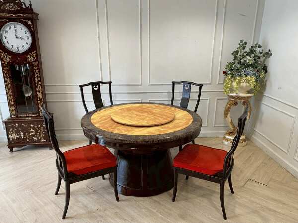 Wooden dining table, marble top, vintage style, 130 cm
