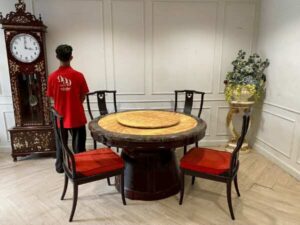 Wooden dining table, marble top, vintage style, 130 cm