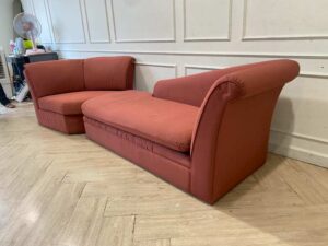 2+1 seater sofa set, upholstered in pinkish-orange fabric, Corner Wedge model.
