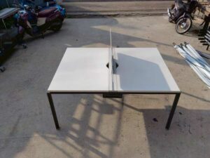 White, steel-legged, two-seater group workstation with partitions, Rockworth brand. (1)