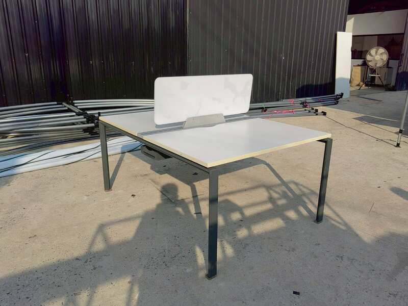 White, steel-legged, two-seater group workstation with partitions, Rockworth brand. (1)