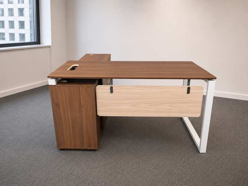 Brown L-shaped desk with attached cabinet