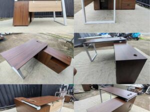 Brown L-shaped desk with attached cabinet