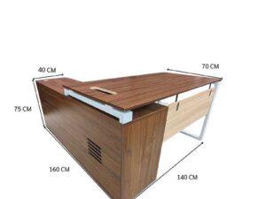 Brown L-shaped desk with attached cabinet