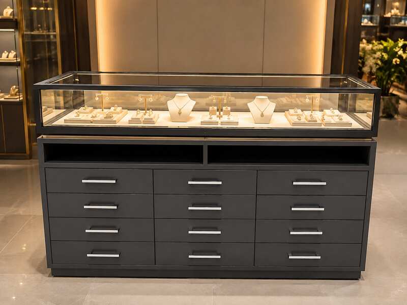 Glass display case, jewelry cabinet with 12 drawers.