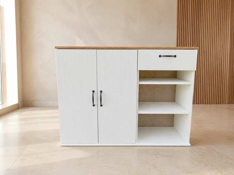 2-door, 1-drawer cabinet; white body with wood-grain top.