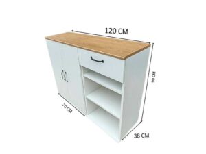 2-door, 1-drawer cabinet; white body with wood-grain top.