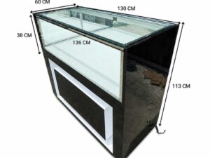 Black glass display cabinet featuring 2 doors, 2 drawers, and 1 storage compartment.