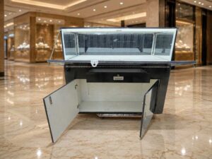 Black glass display cabinet featuring 2 doors, 2 drawers, and 1 storage compartment.