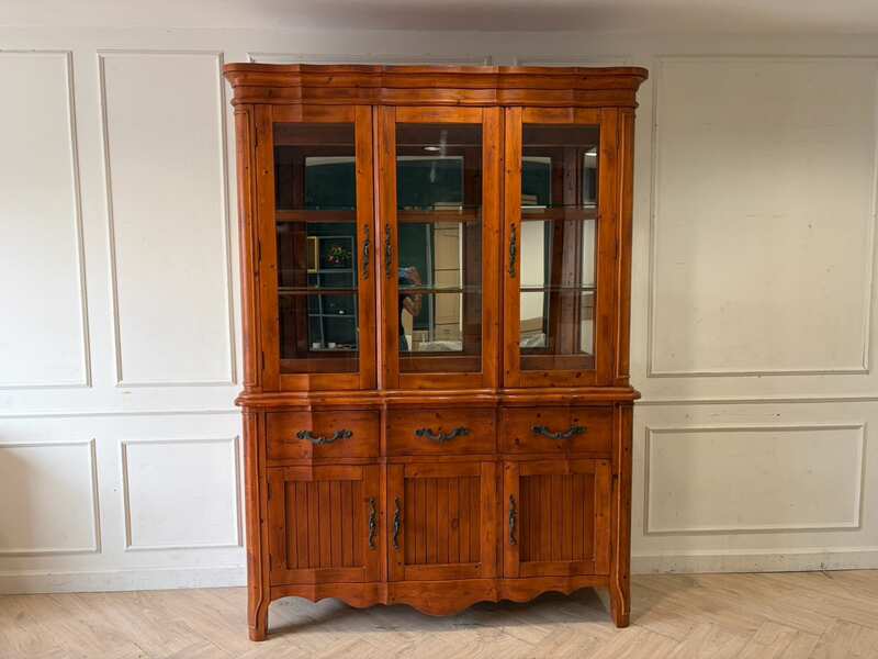 Wooden display cabinet with three glass doors, three drawers, and three small compartments; features two separable sections and internal lighting (1)