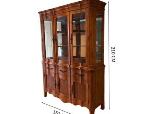 Wooden display cabinet with three glass doors, three drawers, and three small compartments; features two separable sections and internal lighting (1)